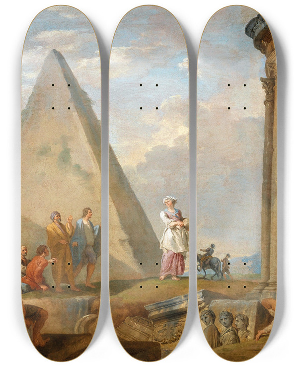Triptych art skateboard deck of Giovanni Paolo Panini Ruins With A Woman Preaching by Giovanni Paolo Panini (1691-1765)