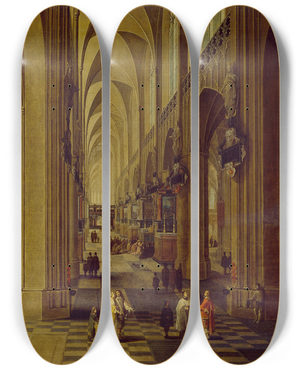 Triptych art skateboard deck of Pieter Neeffs The Elder Interior Of Antwerp Cathedral_1 by Pieter Neeffs The Elder (1620-1675)