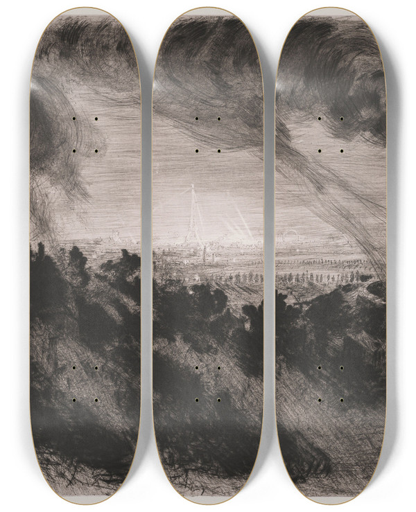 Triptych art skateboard deck of Charles Paul Renouard Leposition Universelle Vue De Meudon by Charles Paul Renouard (1845-1924)