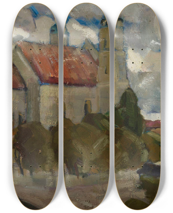 Triptych art skateboard deck of Micha Rouba Church Among Trees by Michal Rouba (1893-1941)