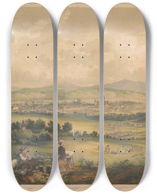 Triptych art skateboard deck of Vojtech Klimkovi View Of Kosice by Vojtech Klimkovic (1833-1885)
