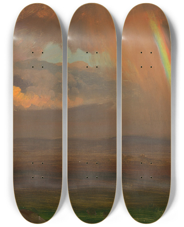 Triptych art skateboard deck of Frederic Edwin Church Sunset Over Broad Landscape by Frederic Edwin Church (1826-1900)