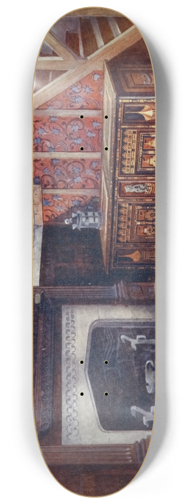 Edwin Foley - Inlaid nonesuch chest, Carved drawing table, Carved chimneypiece, Earliest English wallpaper 8.25 inch art skate deck
