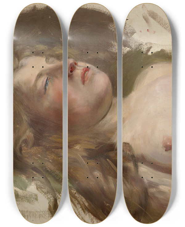 Triptych art skateboard deck of Torsten Wasastjerna Varisevien Lehtien Tanssi Makaavan Naisen Rintakuva Luonnos by Torsten Wasastjerna (1863-1924)