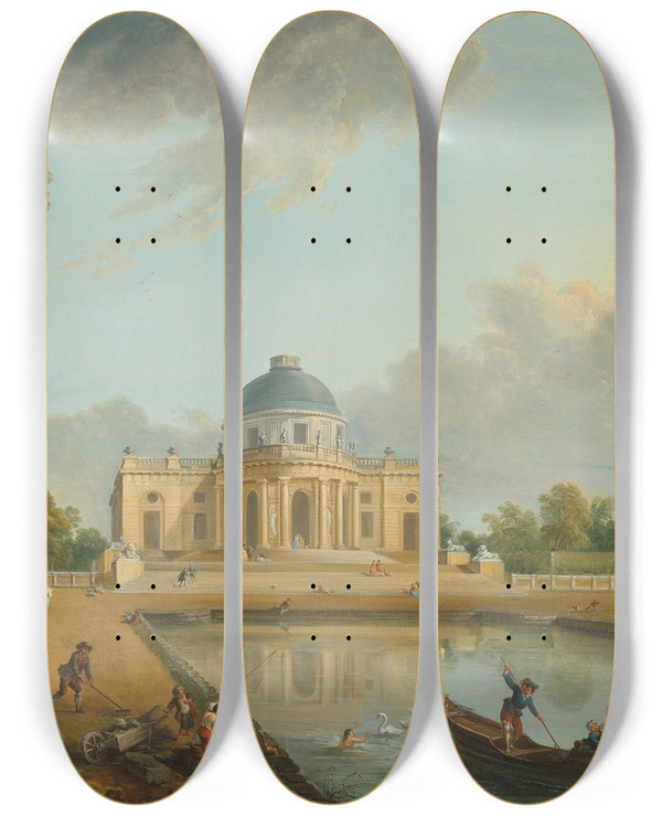 Triptych art skateboard deck of Jeanbaptiste Lallemand The East Side Of The Chteau De Montmusard Dijon Seen From The Gardens by Jean-Baptiste Lallemand (1716-1805)