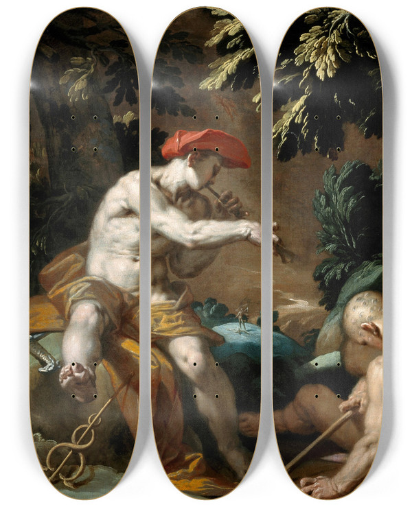 Triptych art skateboard deck of Abraham Bloemaert Mercury Argus And Io by Abraham Bloemaert (1564-1651)