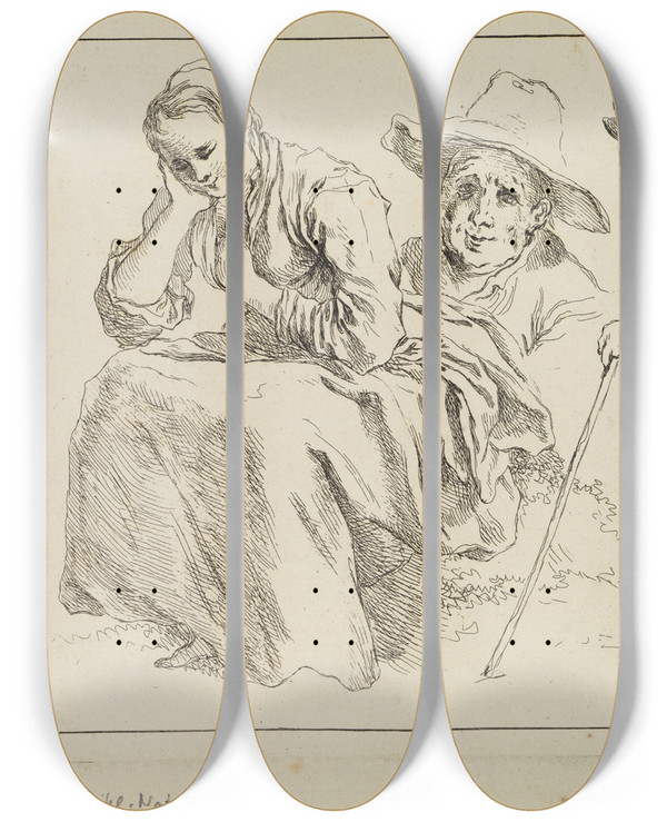 Triptych art skateboard deck of Franois Boucher Figure Studies_4 by Francois Boucher (1703-1770)