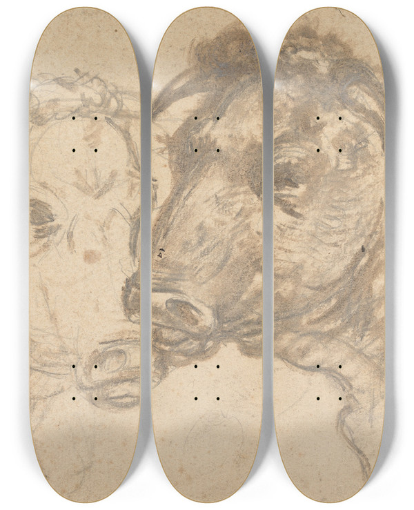 Triptych art skateboard deck of Sawrey Gilpin Two Bulls by Sawrey Gilpin (1733-1807)
