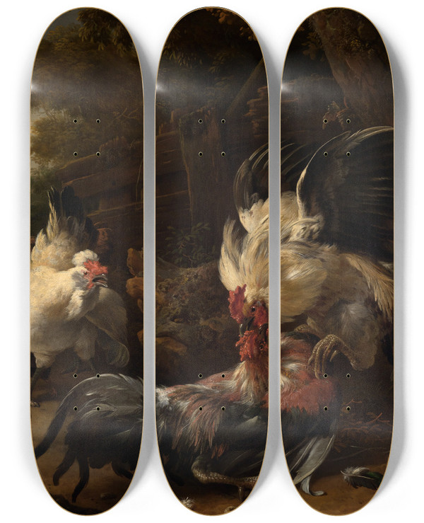 Triptych art skateboard deck of Melchior De Hondecoeter Kmpfende Hhne by Melchior De Hondecoeter