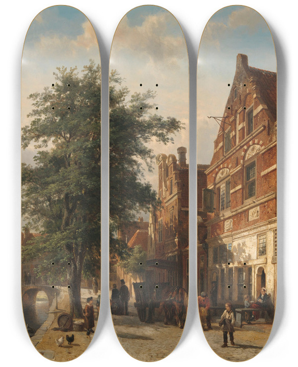 Triptych art skateboard deck of Cornelis Springer The Zuiderhavendijk Enkhuizen by Cornelis Springer (1817-1891)