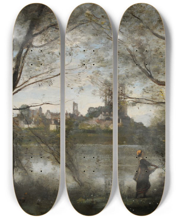 Triptych art skateboard deck of Jeanbaptistecamille Corot Mantes Le Soir by Jean-Baptiste-Camille Corot (1796-1875)