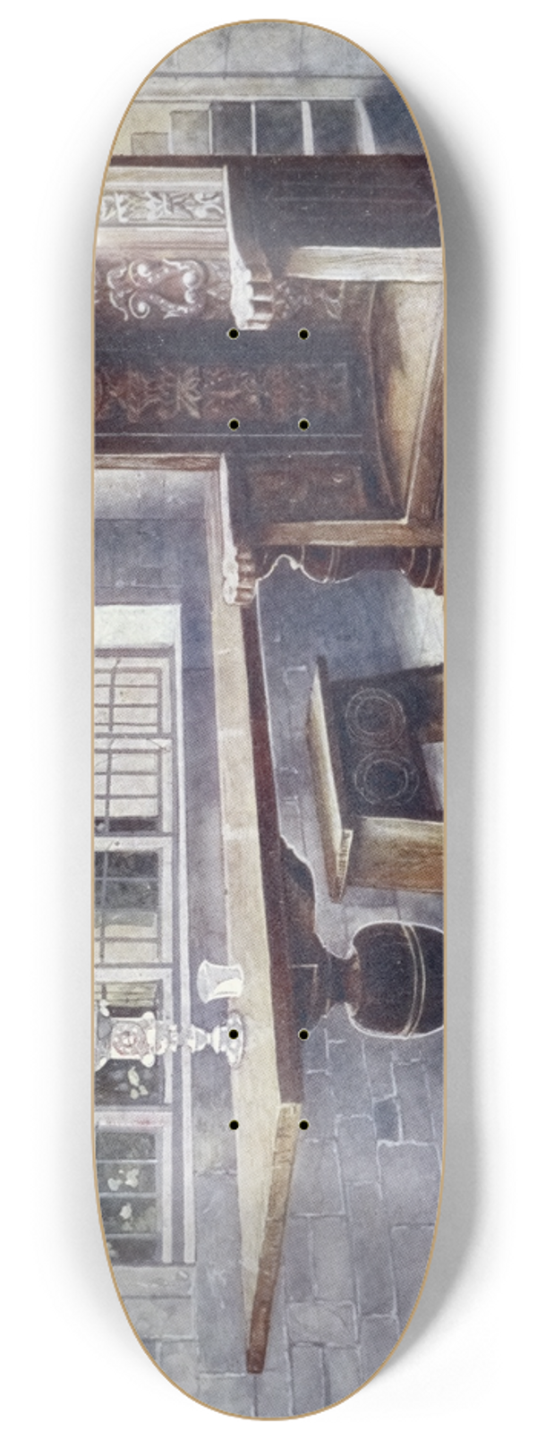 Edwin Foley - Oak trestle table, Mine hosts chair 8.25 inch art skate deck