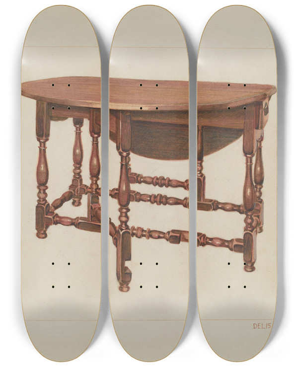 Triptych art skateboard deck of Ernest A Towers Jr Eight Leg Table With Drawer by Ernest A Towers Jr (20-)
