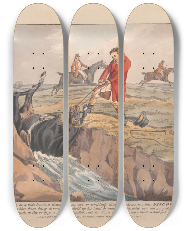 Triptych art skateboard deck of Henry Thomas Alken Hunting Discoveries Discover That The Only Means You Can Adopt by Henry Thomas Alken (1785-1851)