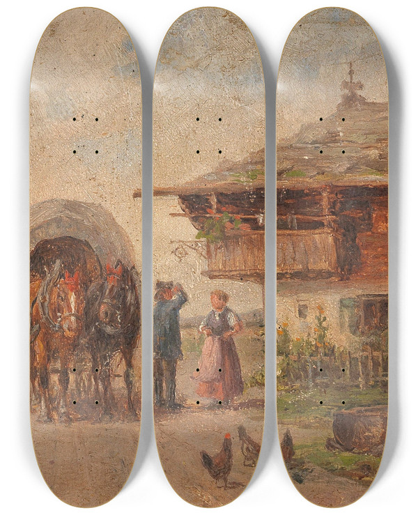 Triptych art skateboard deck of Ludwig Mllercornelius Haymaking A Horsecart by Ludwig Mller-Cornelius (1864-1946)