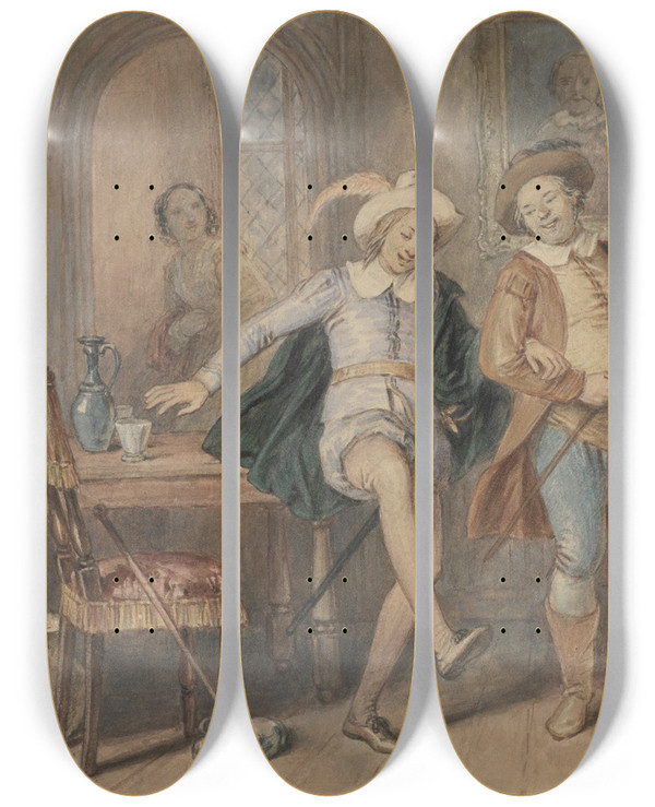 Triptych art skateboard deck of John Massey Wright Twelfth Night by John Massey Wright (1777-1866)