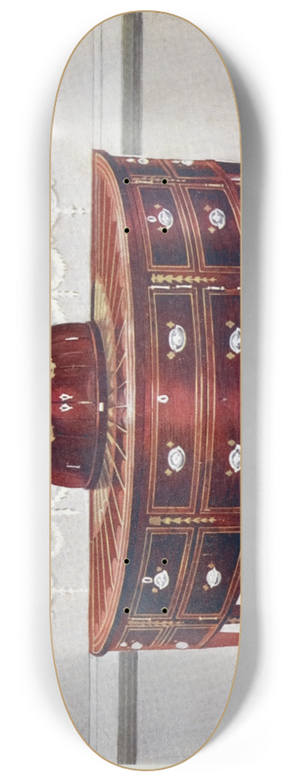 Edwin Foley - Semi-circular mahogany sideboard and knife-box. Inlaid and banded with satinwood, mahogany, and ebony 8.25 inch art skate deck