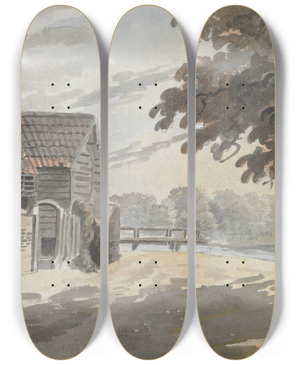 Triptych art skateboard deck of James Miller House By A Bridge by James Miller (1773-1814)