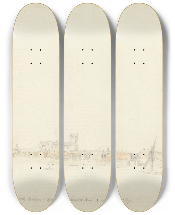 Triptych art skateboard deck of Samuel Scott Westminster Abbey And Bridge From Somerset Garden by Samuel Scott (1697-1772)