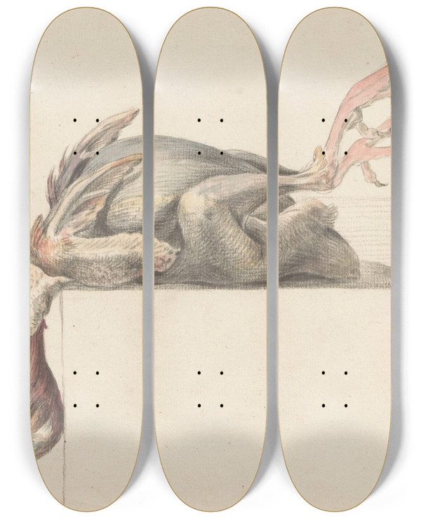 Triptych art skateboard deck of Jean Bernard Geplukte Vogel Met De Kop Naar Beneden Hangend by Jean Bernard (1775-1833)