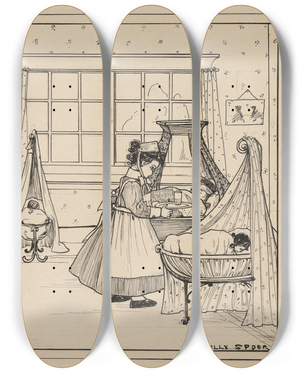 Triptych art skateboard deck of Nelly Spoor Kinderen Op Een Ziekenzaal by Nelly Spoor (1885-1950)