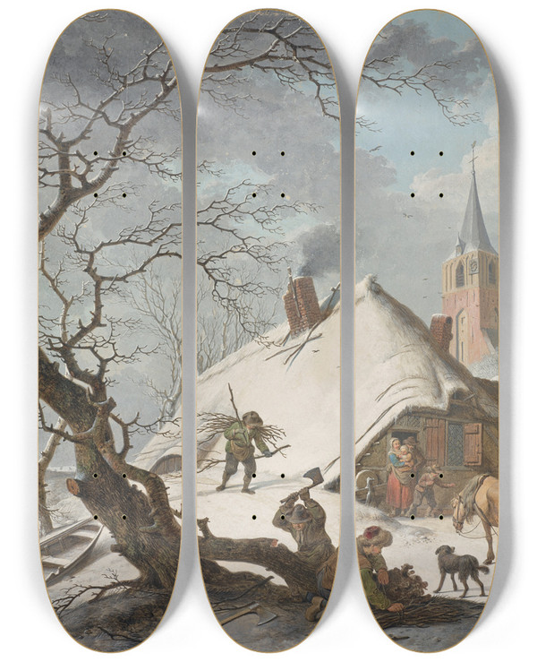 Triptych art skateboard deck of Hendrik Meyer A Winter Scene by Hendrik Meyer (1744-1793)