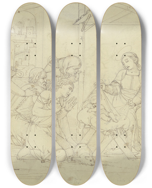 Triptych art skateboard deck of Johann Evangelist Scheffer Von Leonhardshoff Adoration Of The Shepherds by Johann Evangelist Scheffer Von Leonhardshoff (1795-1822)