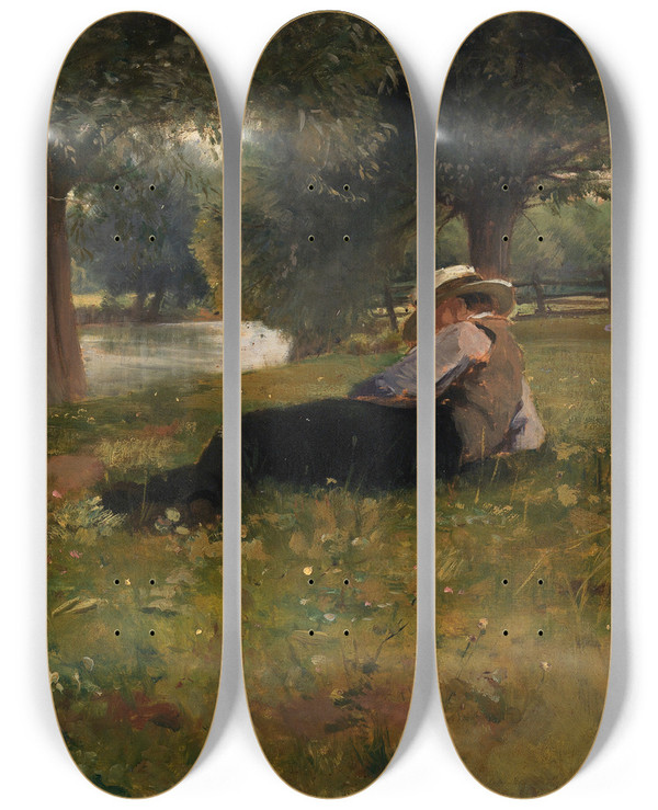 Triptych art skateboard deck of Eliphalet Fraser Andrews Man Reclining Beside A Stream by Eliphalet Fraser Andrews (1835-1915)