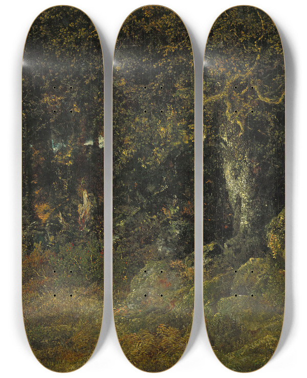 Triptych art skateboard deck of Thodore Rousseau Le Chne De Roche by Theodore Rousseau (1812-1867)