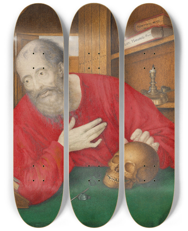 Triptych art skateboard deck of Alexander Marshal St Jerome In His Study by Alexander Marshal (1620-1682)