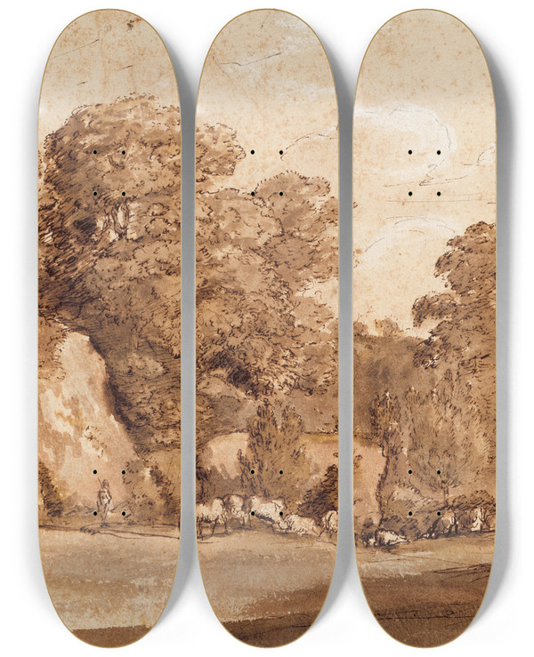 Triptych art skateboard deck of Claude Lorrain A Rocky Hillside by Claude Lorrain (1604-1682)