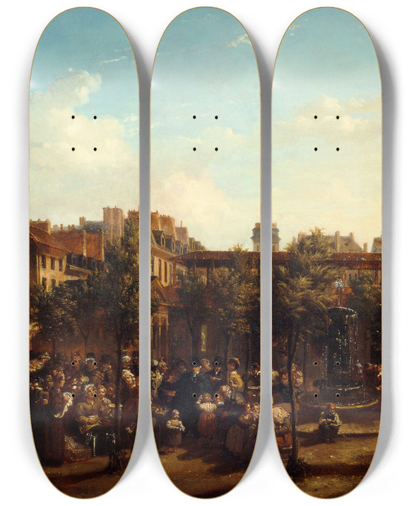 Triptych art skateboard deck of Jean Baptiste Lecoeur Edme Champion 17641852 Dit Lhomme Au Petit Manteau Bleu Distribuant De La Soupe Et Du Pain Sur La Place Du March Saintmartin by Jean Baptiste Lecoeur (1795-1838)