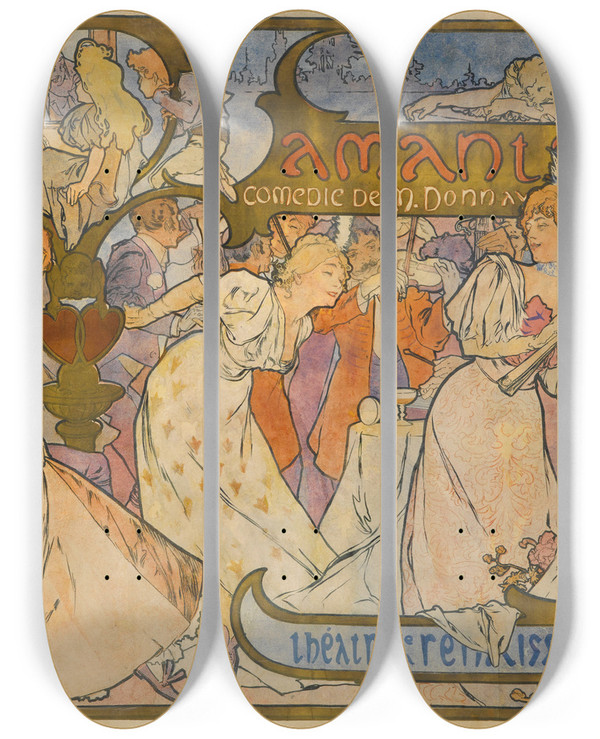 Triptych art skateboard deck of Alphonse Mucha Amants by Alphonse Mucha (1860-1939)