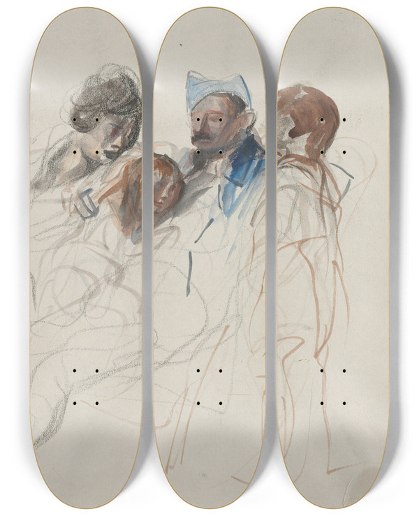 Triptych art skateboard deck of Jeanlouis Forain Home On A Furlough by Jean Louis Forain (1852-1931)