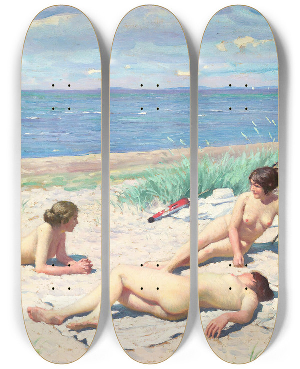 Triptych art skateboard deck of Paul Fischer Girls On The Beach by Paul Fischer (1860-1934)
