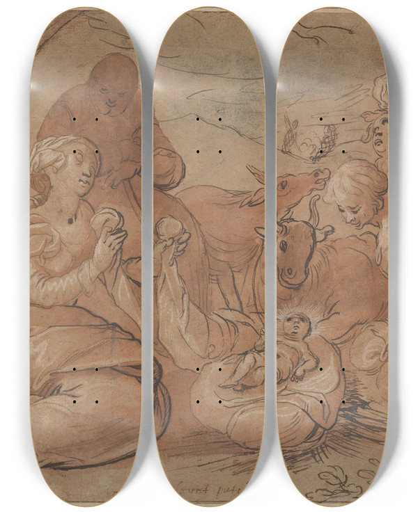 Triptych art skateboard deck of Gerrit Pietersz Sweelink The Adoration Of The Shepherds by Gerrit Pietersz Sweelink (1566-1612)