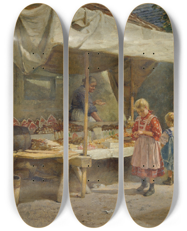 Triptych art skateboard deck of Gustav August Hessl At The Gingerbread Booth by Gustav August Hessl (1849-1926)