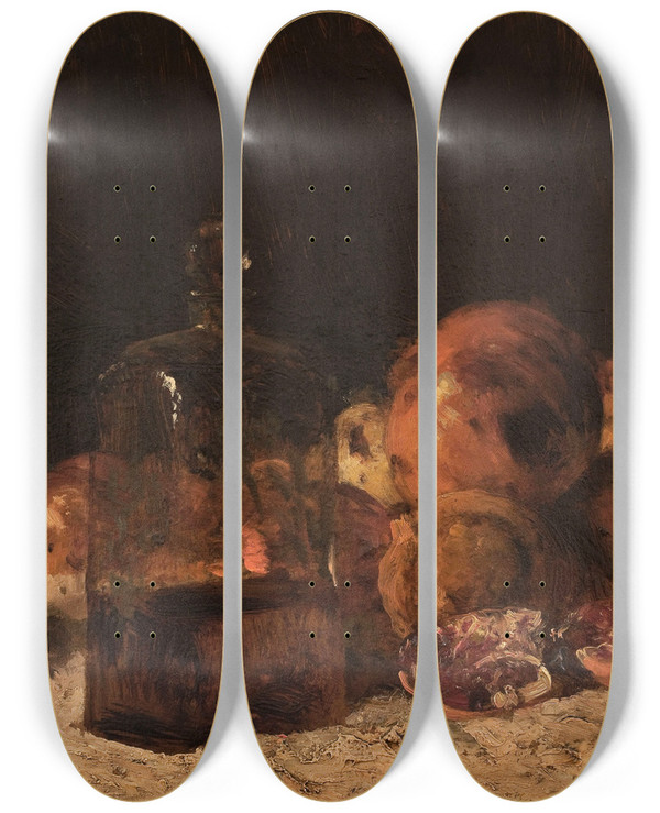 Triptych art skateboard deck of Flix Ziem Nature Morte Au Flacon Et Aux Grenades by Felix Ziem (1821-1911)