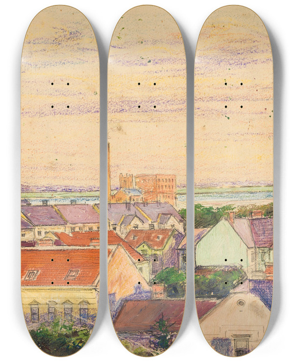 Triptych art skateboard deck of Egon Schiele Stadtansicht by Egon Schiele (1890-1918)