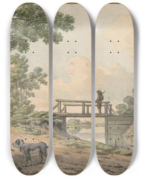 Triptych art skateboard deck of Anthony Andriessen Landschap Met Figuren En Een Bruggetje Bij Een Boerenwoning by Anthony Andriessen (1746-1813)