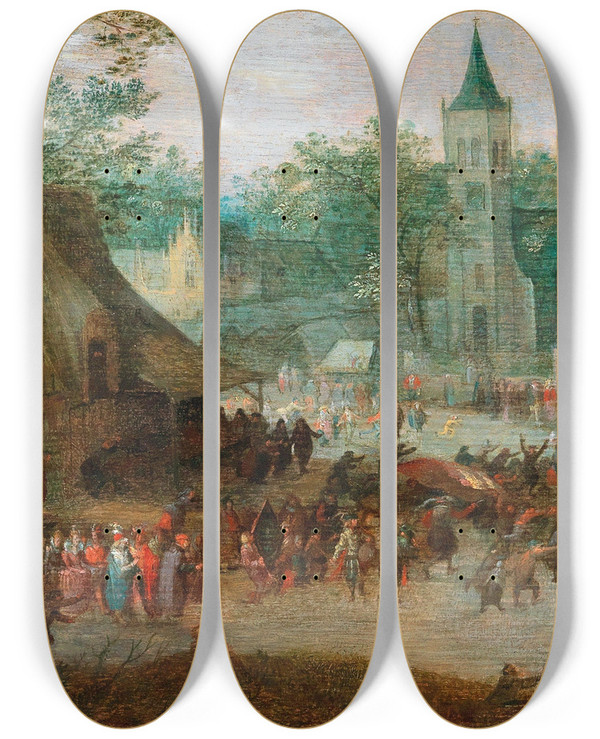 Triptych art skateboard deck of David Vinckboons A Village Kermis by David Vinckboons (1576-1629)