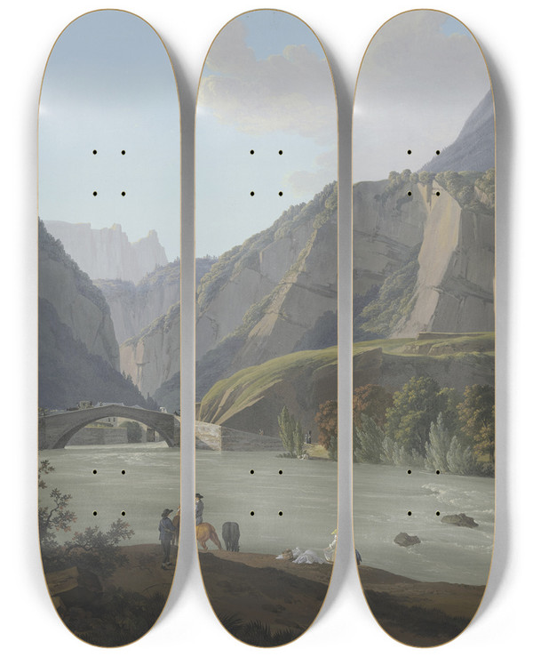 Triptych art skateboard deck of Jeanantoine Linck Vue De Lentre De Cluse Du Mont Vergi De Laiguille De Varens by Jean-Antoine Linck (1766-1843)