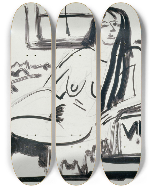 Triptych art skateboard deck of Ernst Ludwig Kirchner Lying Nude_1 by Ernst Ludwig Kirchner (1880-1938)