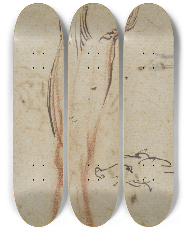 Triptych art skateboard deck of Jacques Callot A Leg And A Pigs Head by Jacques Callot (1592-1635)