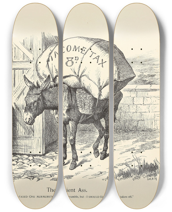 Triptych art skateboard deck of Sir John Tenniel The Patient Ass by Sir John Tenniel (1820-1914)