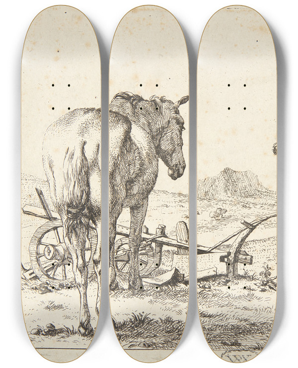 Triptych art skateboard deck of Karel Dujardin To Heste Og En Plov_1 by Karel Dujardin (1622-1678)