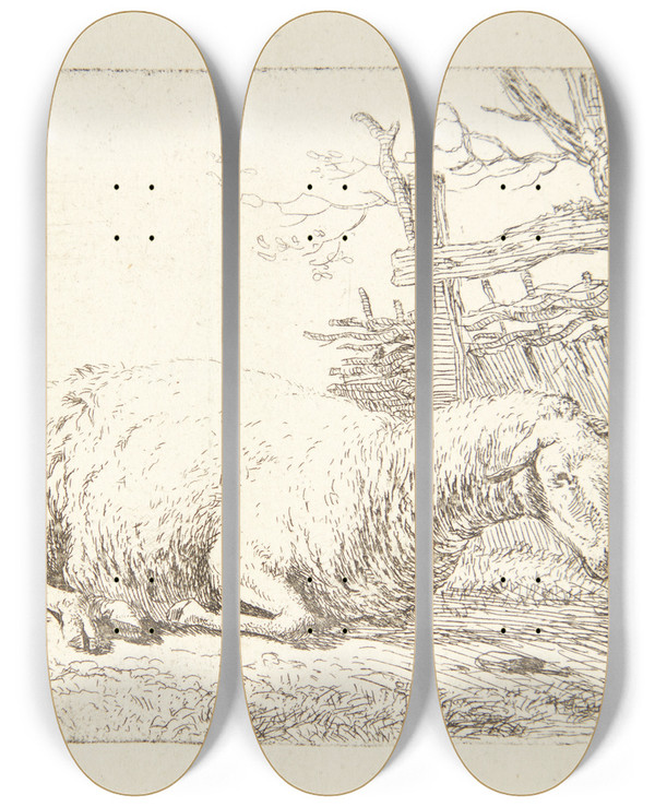 Triptych art skateboard deck of Karel Dujardin Liggende Fr Ved Et Hegn by Karel Dujardin (1622-1678)