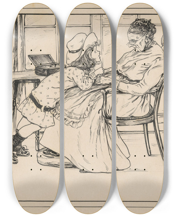 Triptych art skateboard deck of Nelly Spoor Meisje Leunt Tegen Een Oude Vrouw In Een Interieur by Nelly Spoor (1885-1950)