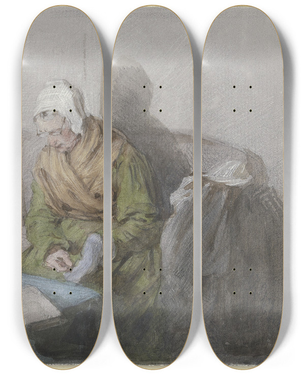 Triptych art skateboard deck of Angilbert Gbel Alte Frau Bei Lampenlicht by Angilbert Gobel (1821-1882)
