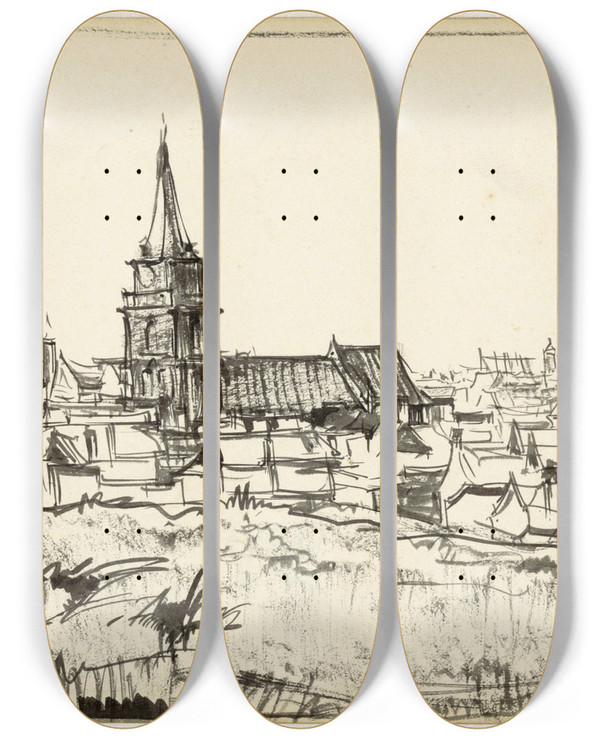 Triptych art skateboard deck of Dick Ket Gezicht Op De Kerk Temidden Van Lage Huizen Te Scheveningen by Dick Ket (1902-1940)